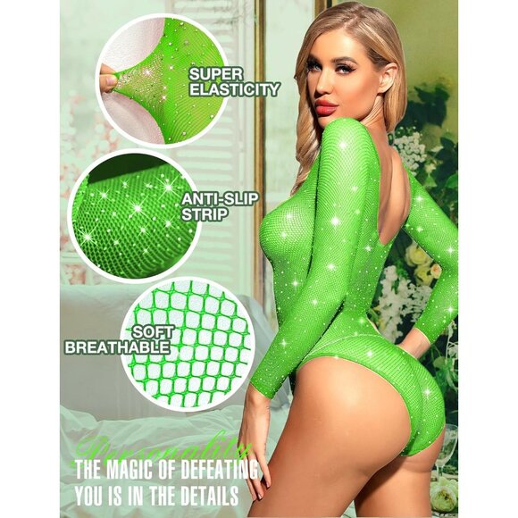 Women Green 1 Lingerie Fishnet Teddy Sparkle Rhinestone One Piece Mesh Bodysuit - Picture 3 of 5